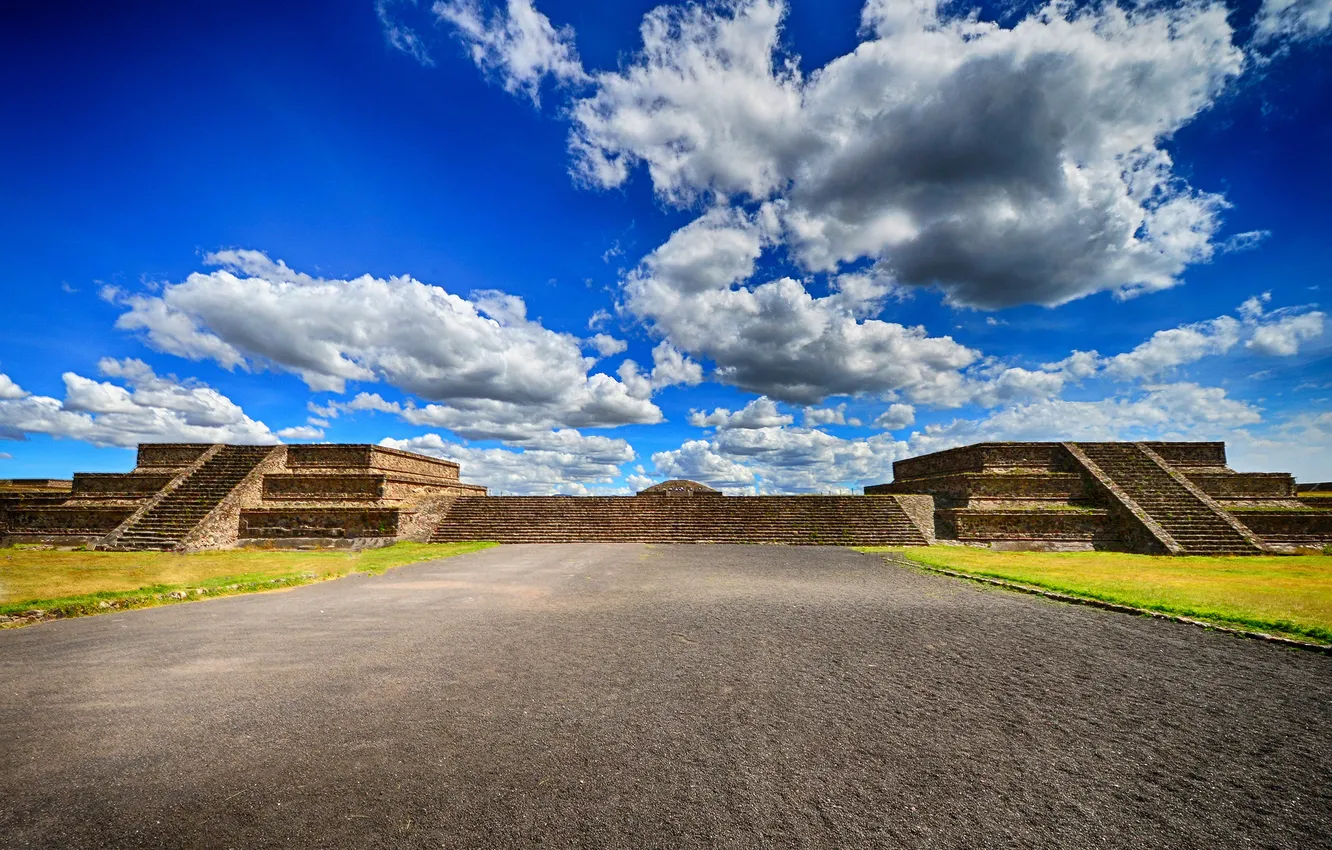 Photo wallpaper clouds, Mexico, blue sky, Teotihuacan pyramids