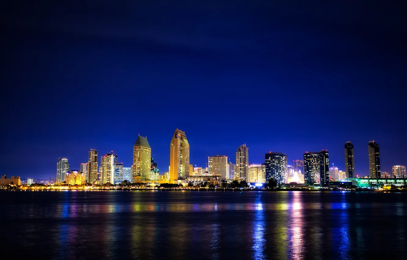 Photo wallpaper sea, the sky, night, lights, home, San Diego