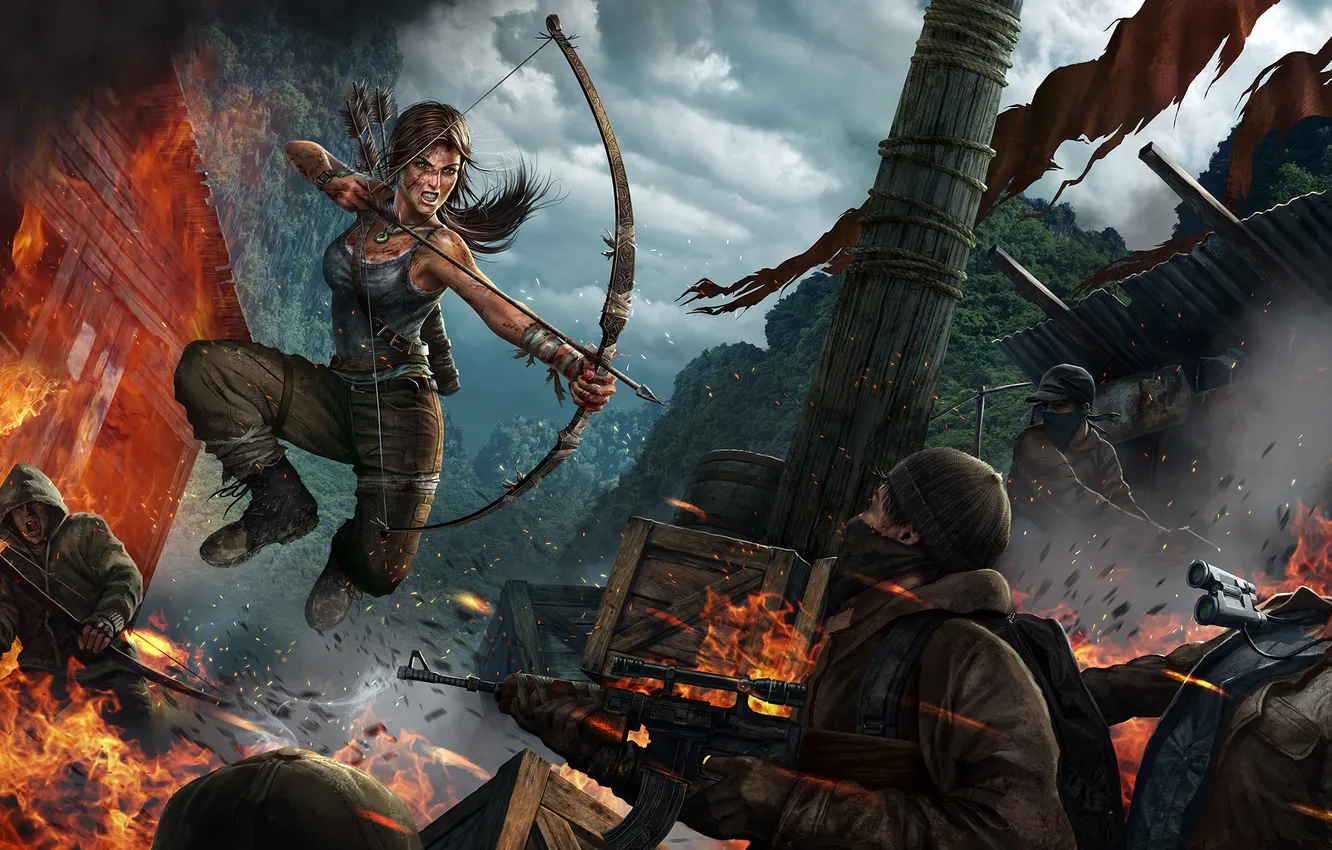 Photo wallpaper girl, fire, jump, bow, rage, Tomb Raider, fighters, Lara Croft
