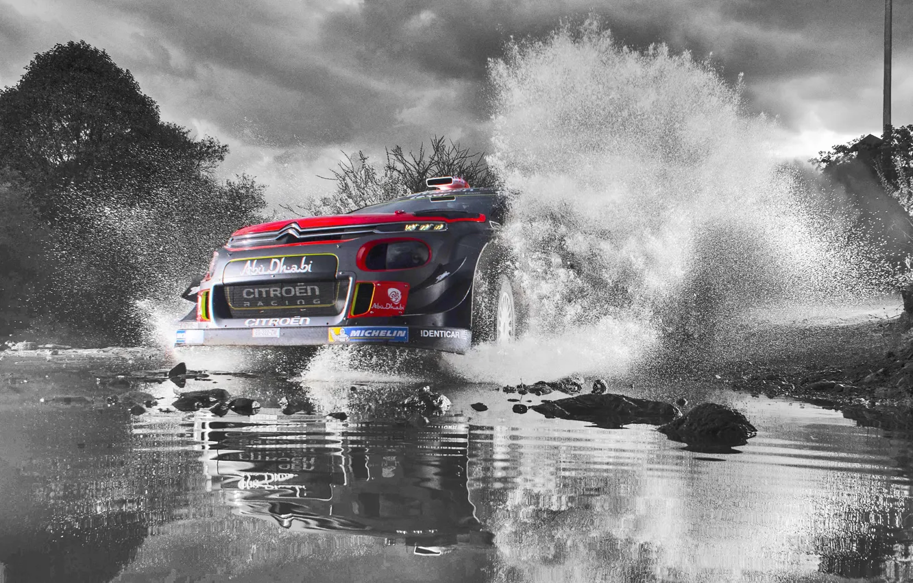 Photo wallpaper The sky, Water, Sport, Speed, Puddle, Citroen, Squirt, Lights
