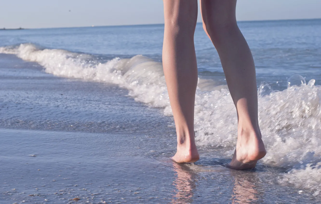 Photo wallpaper Water, Sand, Sea, Girl, Wave, Feet