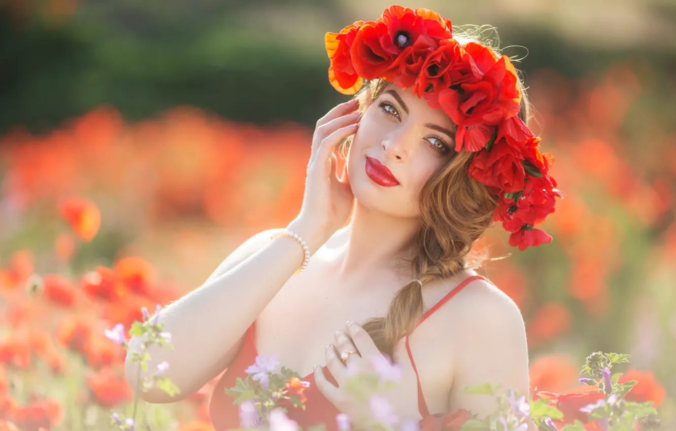 Photo wallpaper look, girl, flowers, Maki, hands, wreath, bokeh