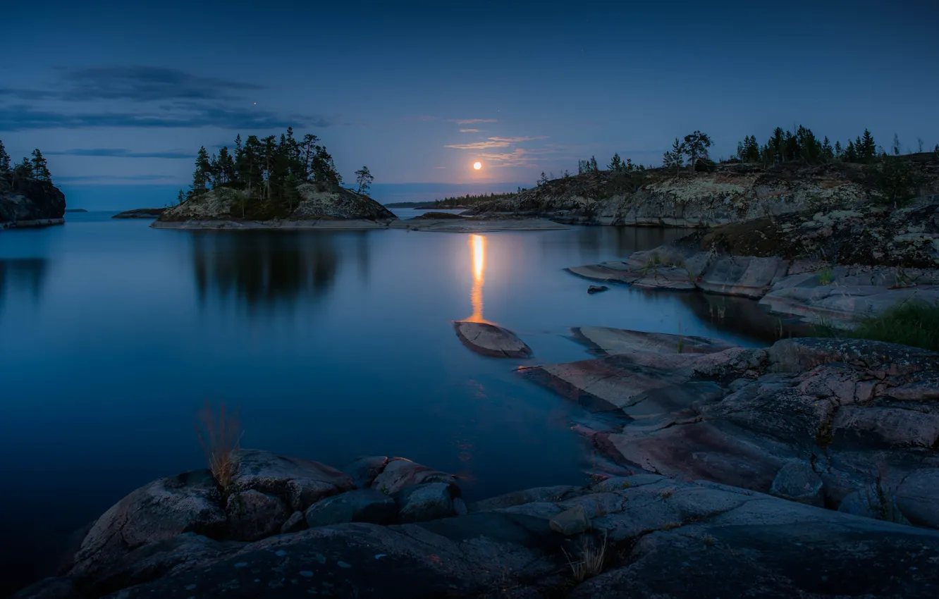 Photo wallpaper trees, landscape, night, nature, lake, stones, the moon, Lake Ladoga