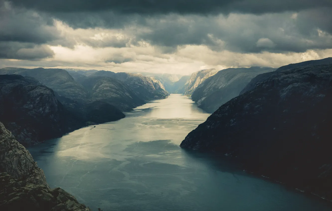 Photo wallpaper mountains, clouds, fjord