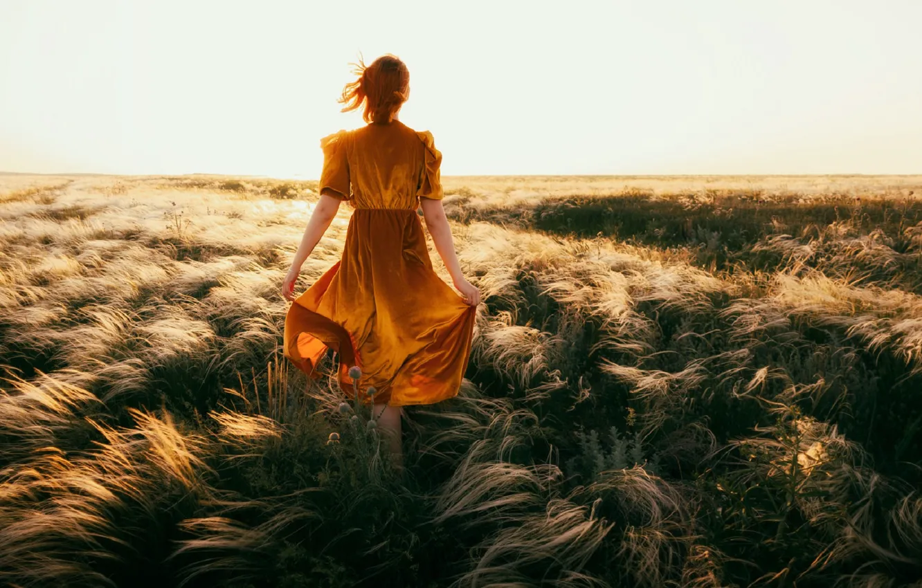 Photo wallpaper field, grass, mood, dress, horizon, photographer Ilya Logachev