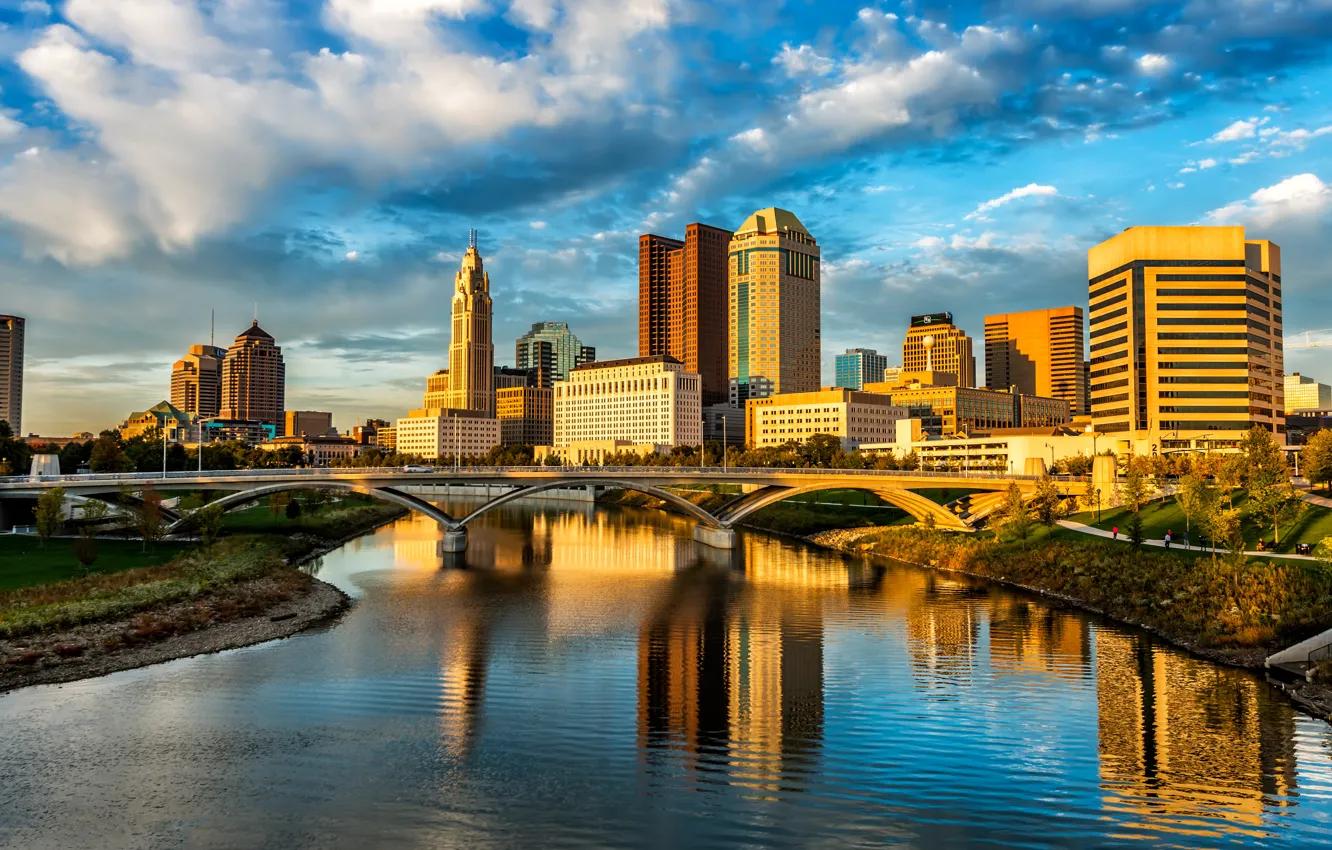 Photo wallpaper summer, the sky, clouds, bridge, the city, reflection, blue, shore