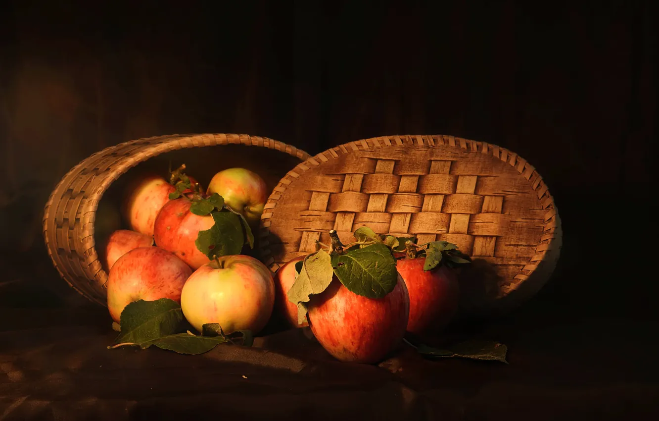 Photo wallpaper yellow, red, table, apples, fruit, still life, thesky, birchbark