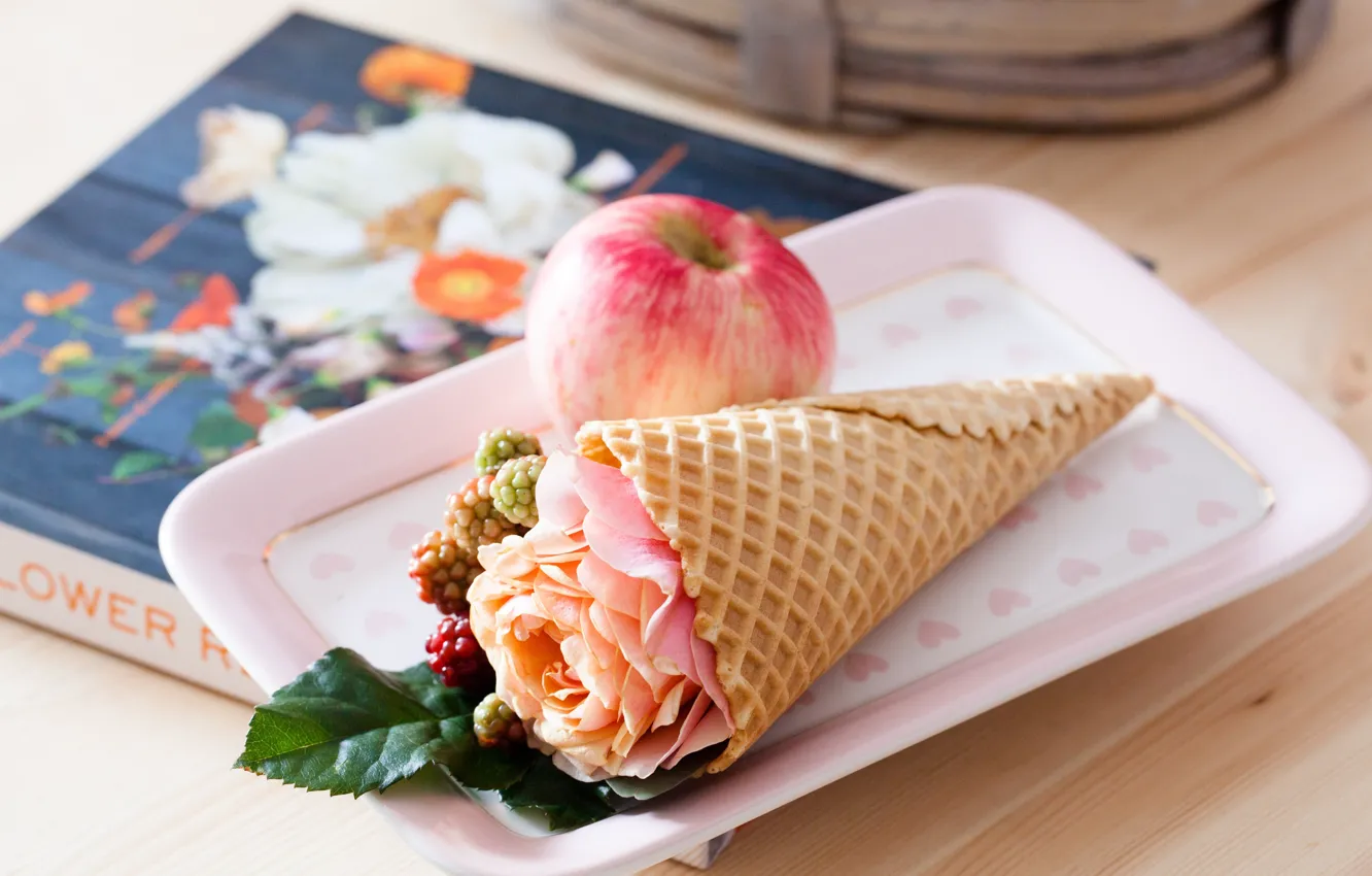 Photo wallpaper apples, roses, book, horn, waffles
