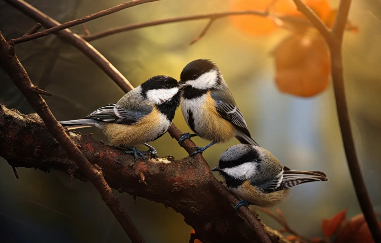 Photo wallpaper autumn, trees, branches, bird, art, trio, tit, digital art
