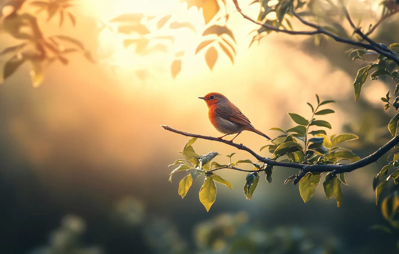 Photo wallpaper leaves, the sun, rays, light, trees, branches, bird, bokeh