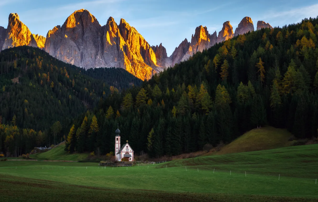 Photo wallpaper autumn, landscape, mountains, nature, Italy, Church, forest, meadows
