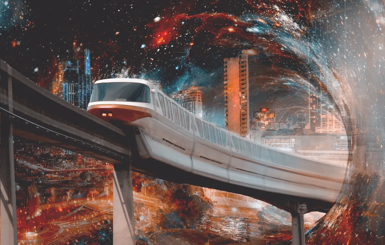Photo wallpaper space, stars, night, the city, rendering, fiction, train, height
