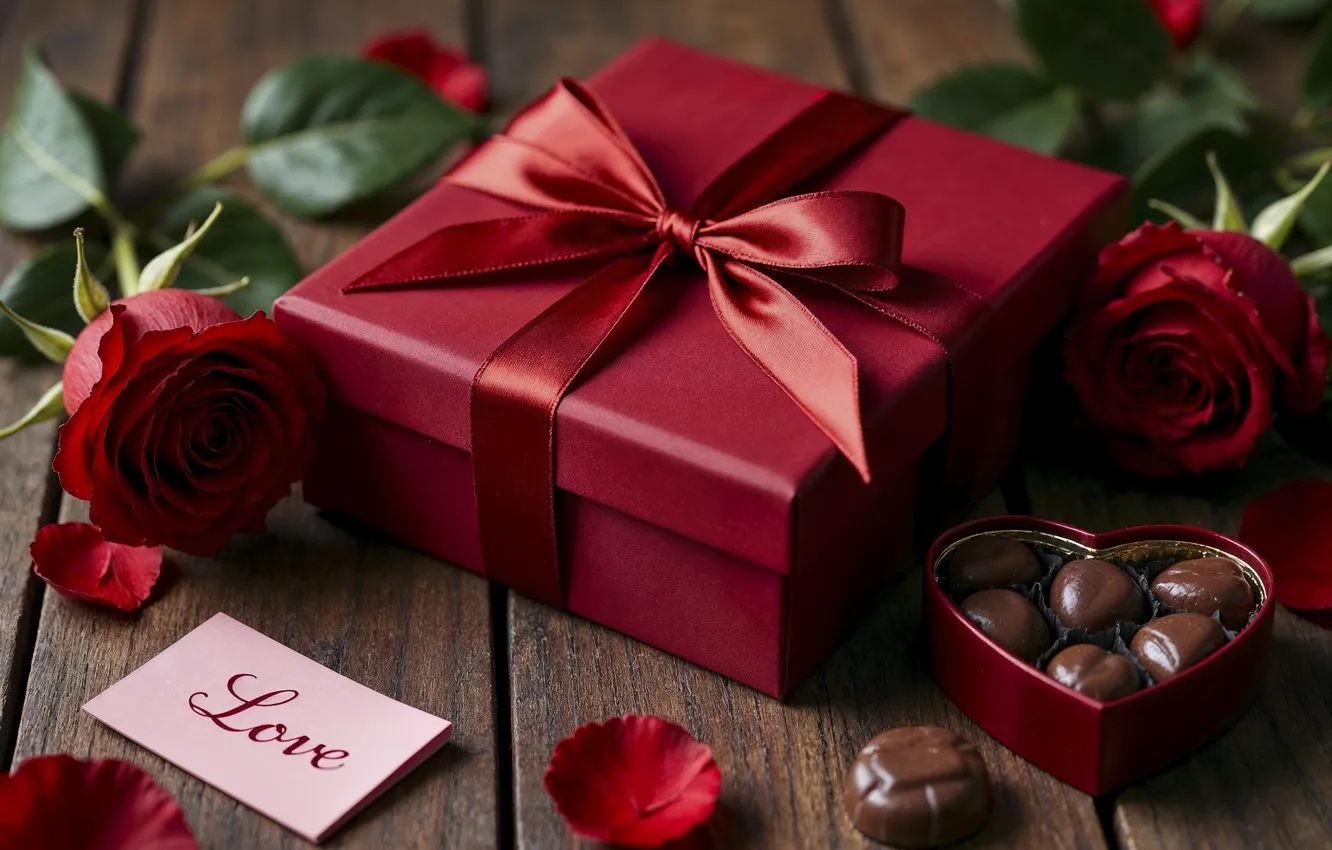 Photo wallpaper love, flowers, gift, romance, chocolate, roses, love, happy
