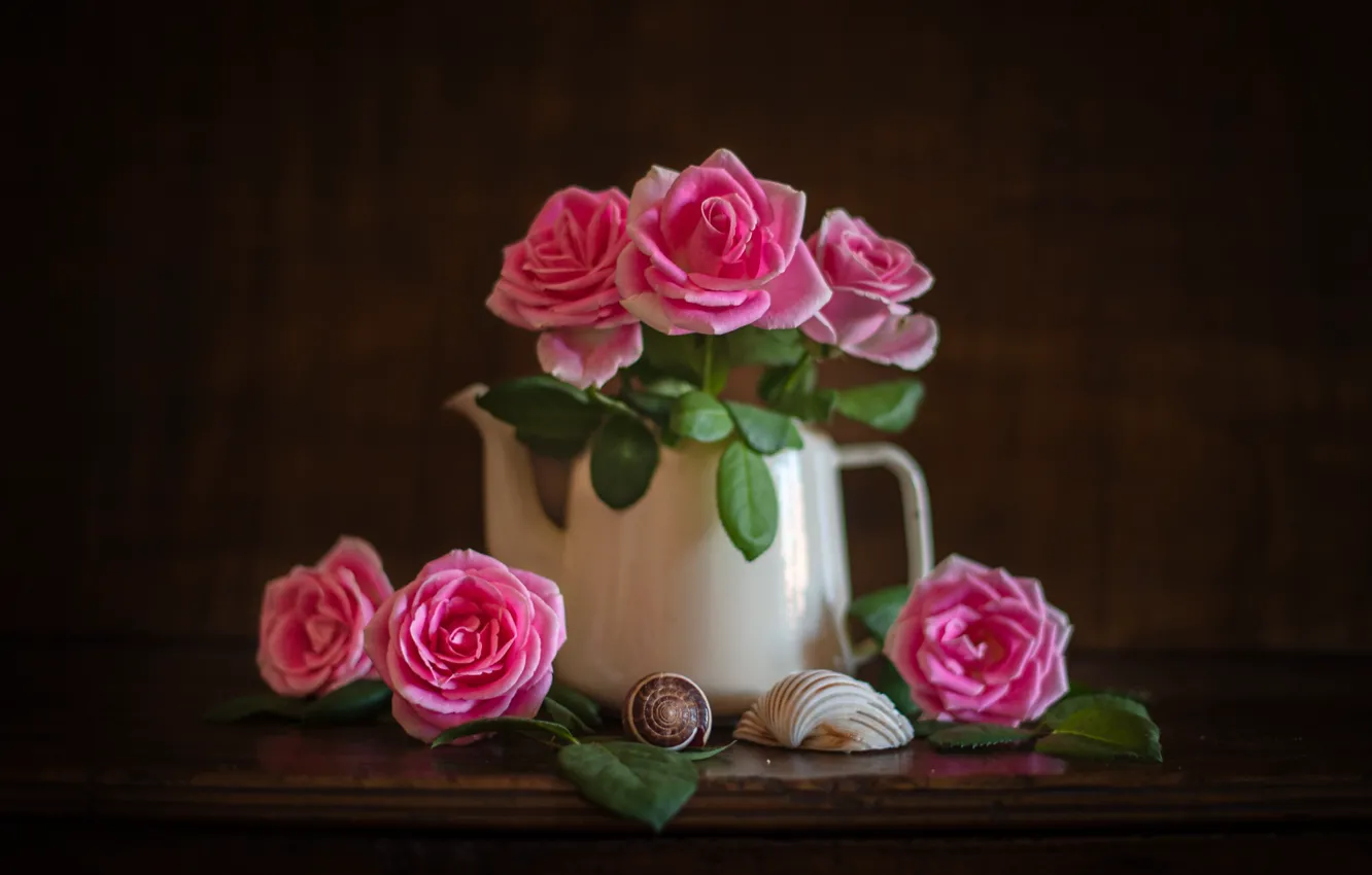 Photo wallpaper style, background, roses, kettle, shell, pink, still life