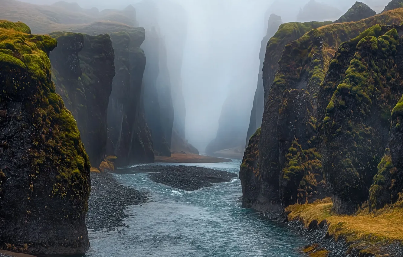Photo wallpaper water, river, rocks, moss, the portal, haze, Shvartsman Evgeny