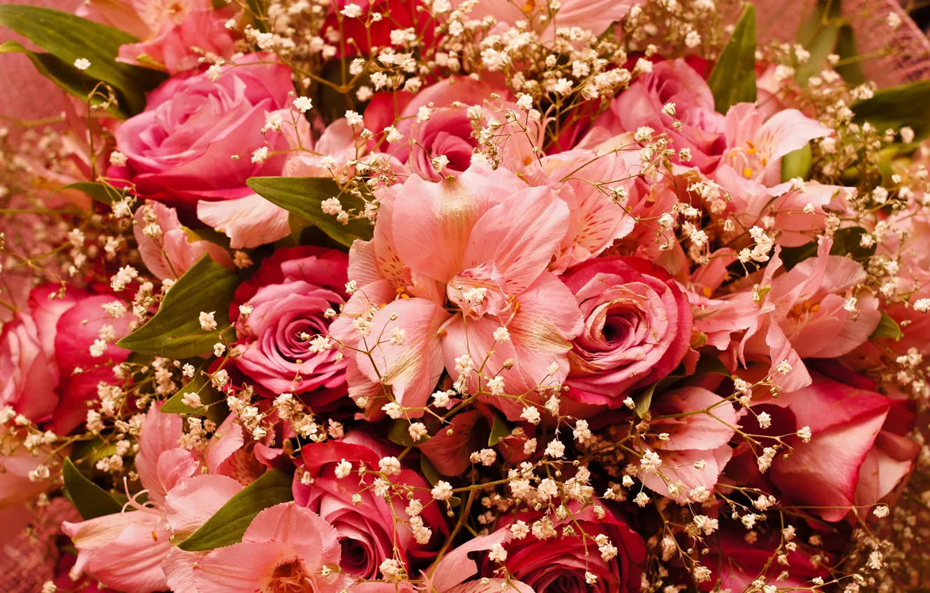 Photo wallpaper flowers, roses, petals, gypsophila, alstremeria, flower cuts, pink bouquet
