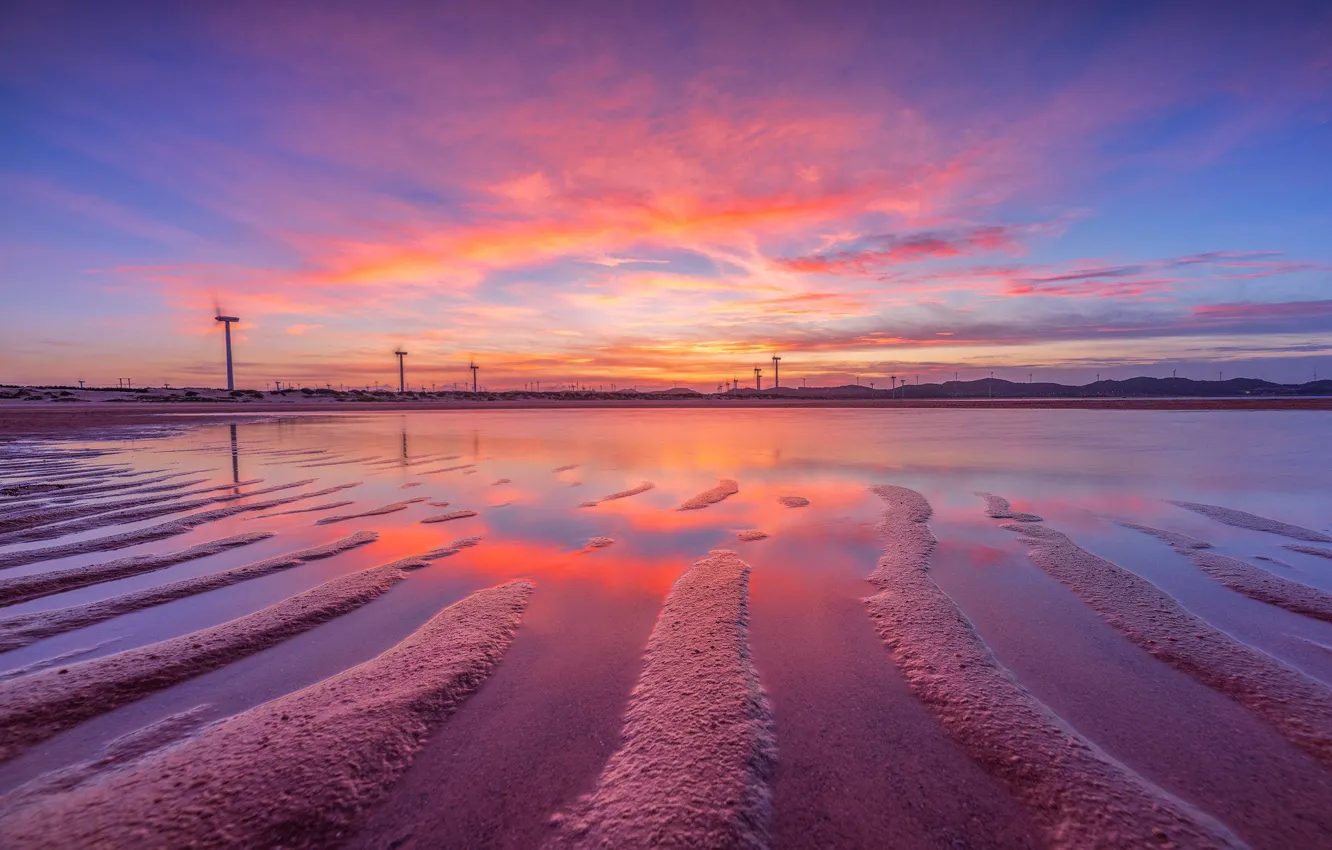 Photo wallpaper the sky, dawn, hills, shore, dal, morning, windmills, pond