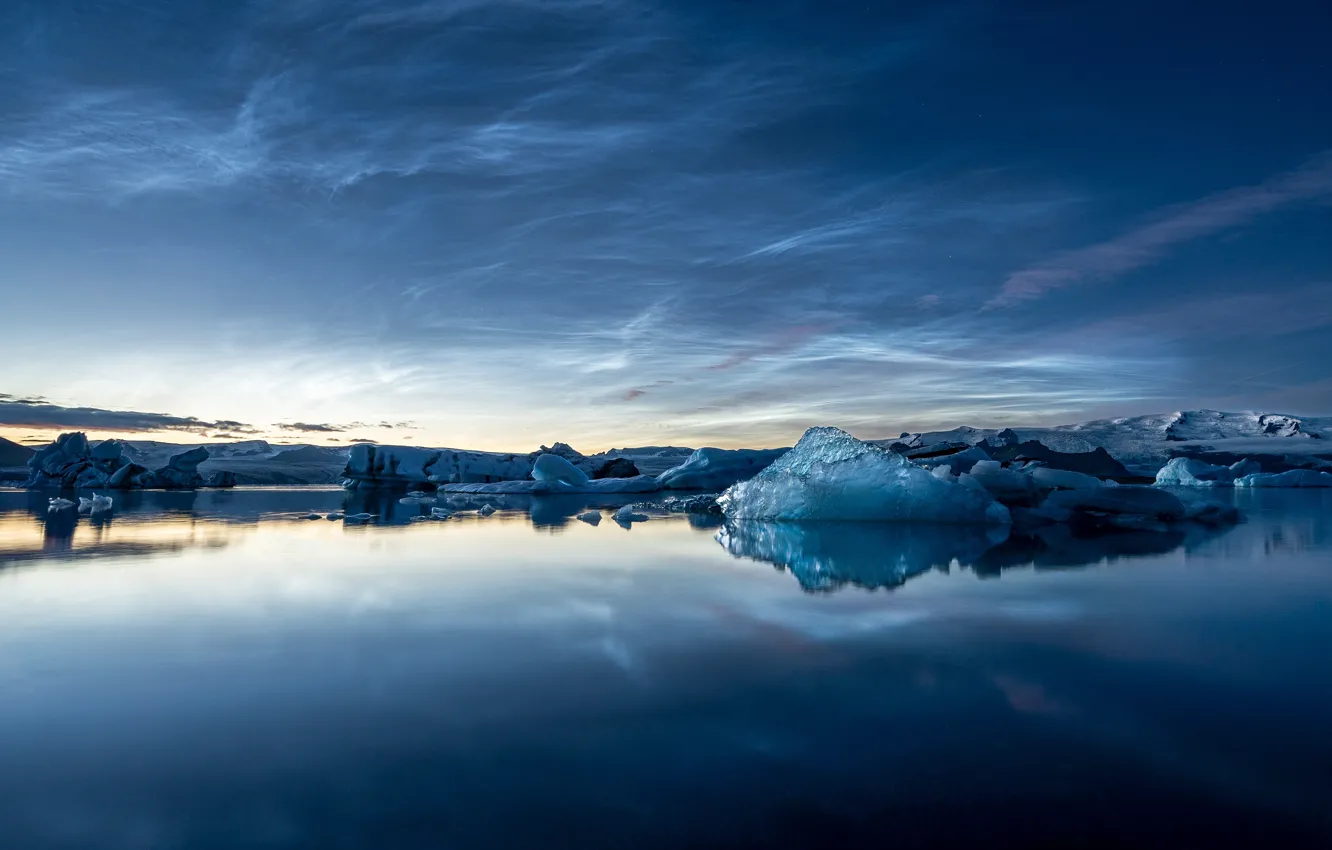 Photo wallpaper ice, winter, clouds, mountains, reflection, blue, iceberg, ice