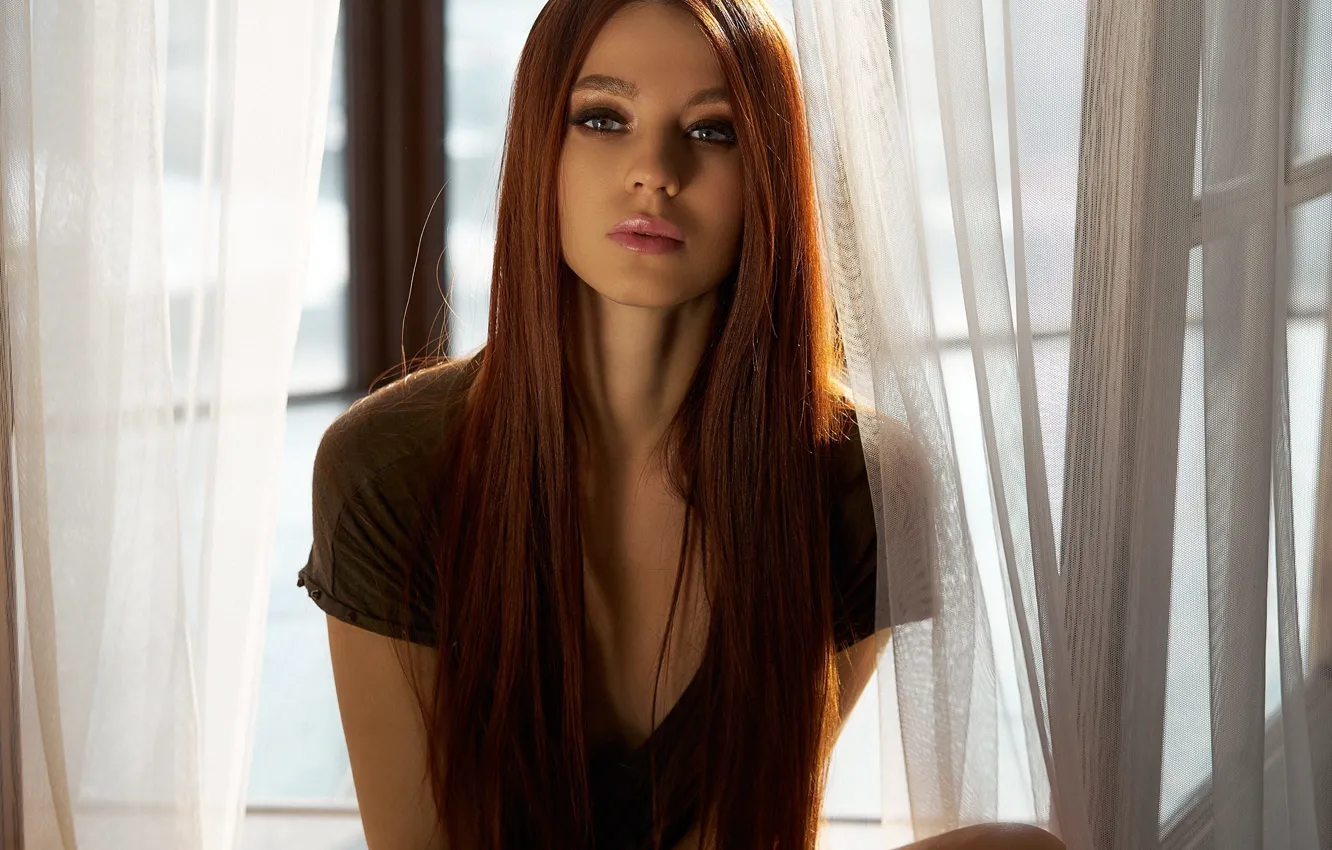Photo wallpaper look, pose, model, portrait, makeup, hairstyle, curtains, brown hair