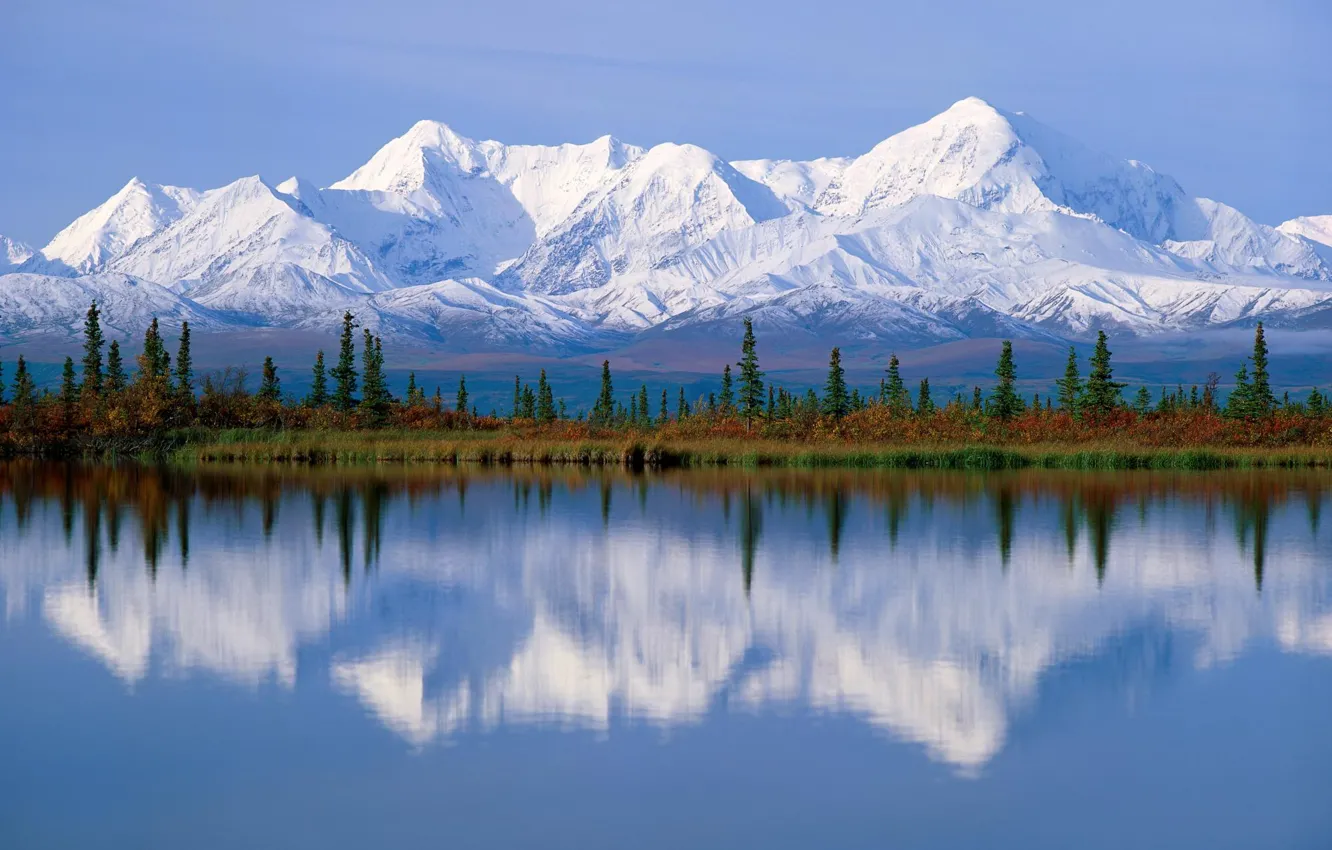 Photo wallpaper water, snow, trees, mountains, lake, river, ate, Alaska