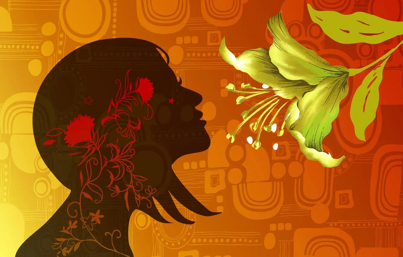 Photo wallpaper girl, flowers, vector, texture, petals, silhouette, profile
