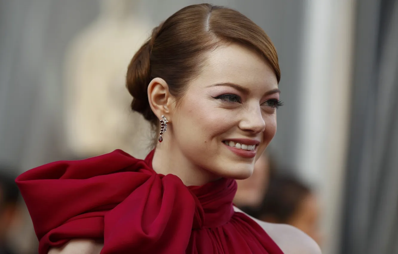 Photo wallpaper girl, actress, red hair, red dress, earrings, Emma stone, emma stone