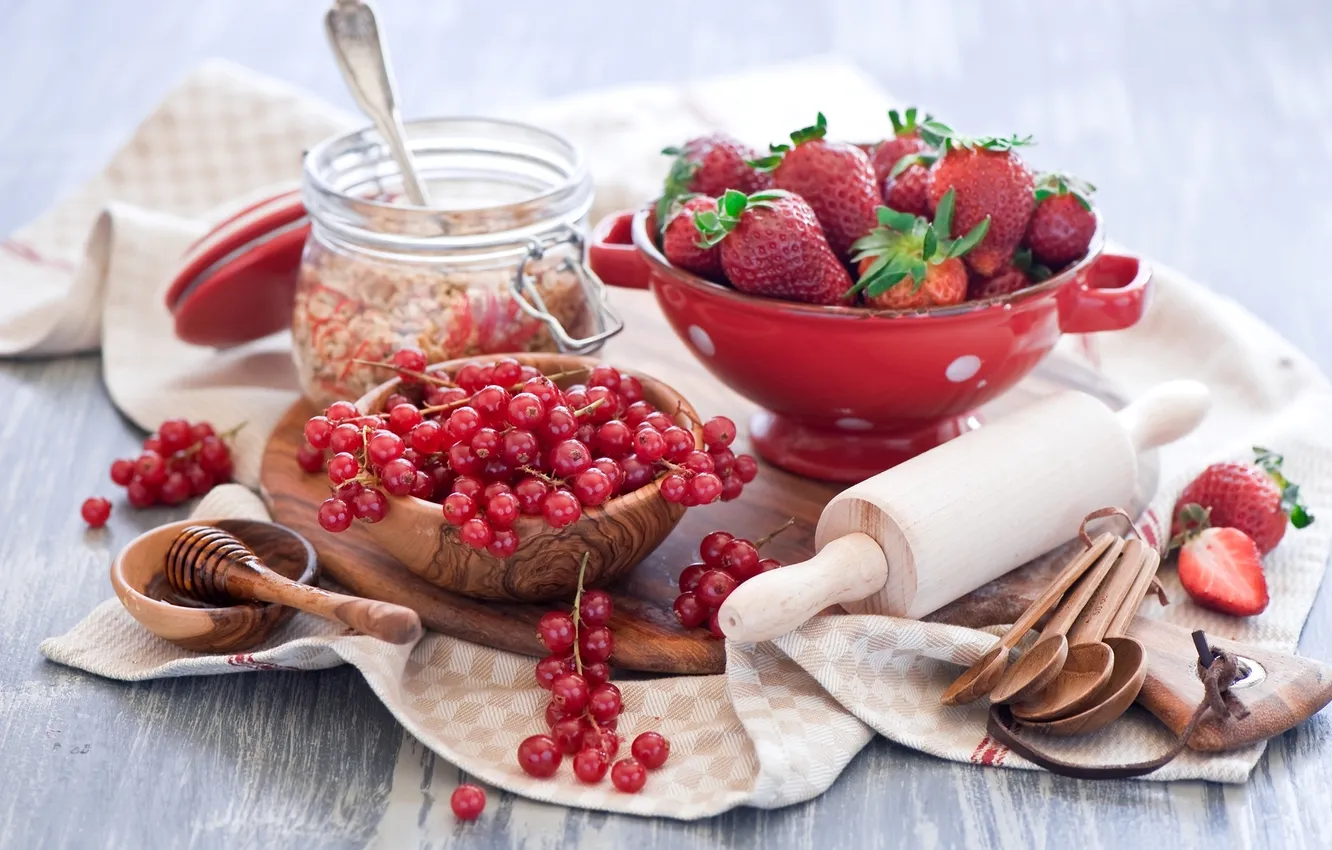 Photo wallpaper berries, strawberry, honey, red, currants, spoon, rolling pin