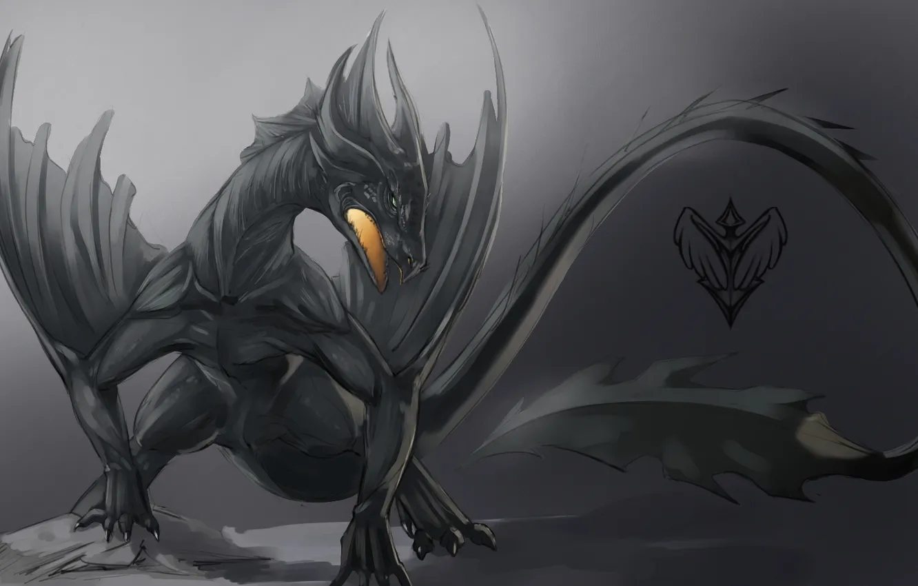 Photo wallpaper dragon, figure, mouth, black and white, monochrome