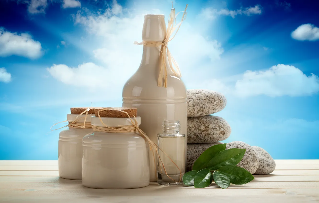 Photo wallpaper stones, oil, jars, sky, Spa, stones, spa, oil