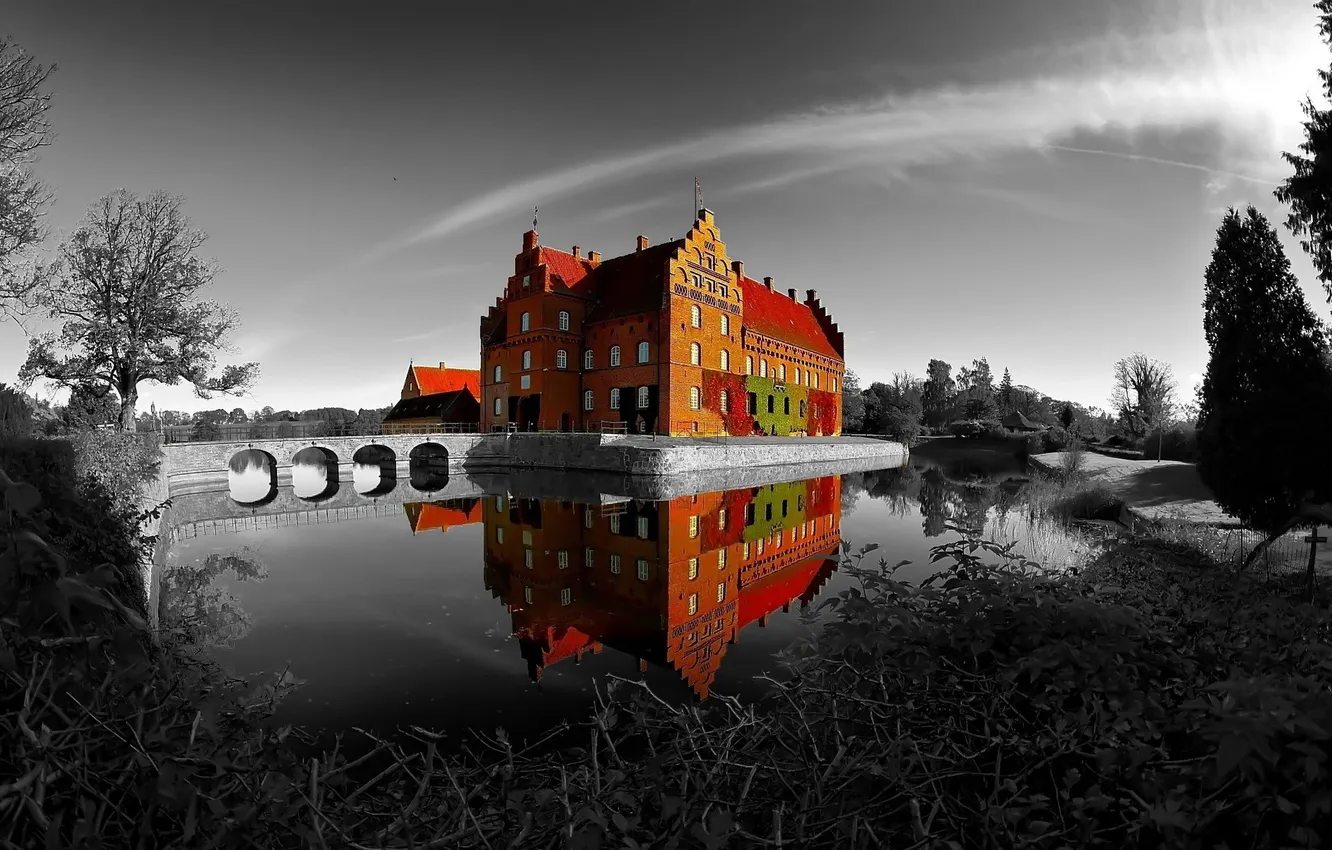 Photo wallpaper landscape, lake, castle, color