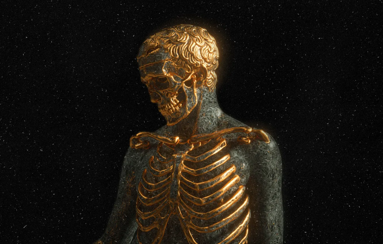 Photo wallpaper darkness, skull, teeth, bones, skeleton, gold, gold plated, human