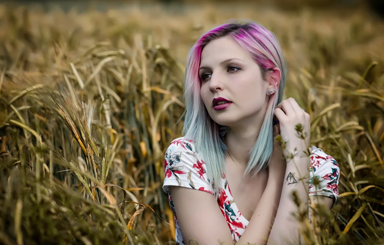 Photo wallpaper field, girl, model, spikelets, Claudia Suarez