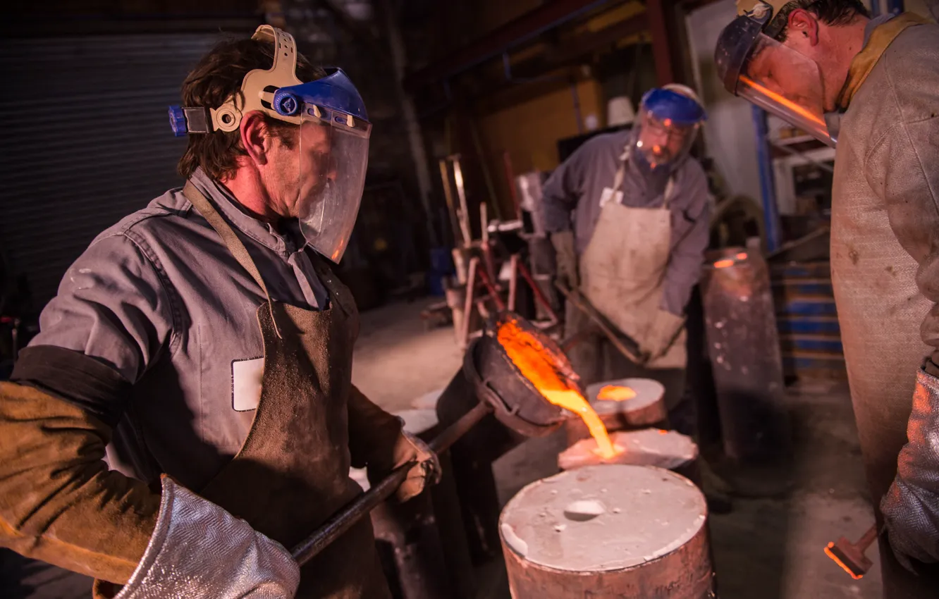 Photo wallpaper workers, foundry, molten metal