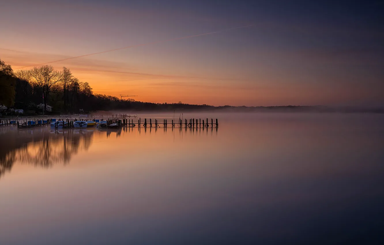 Photo wallpaper trees, fog, lake, shore, boats, morning, Germany, pier