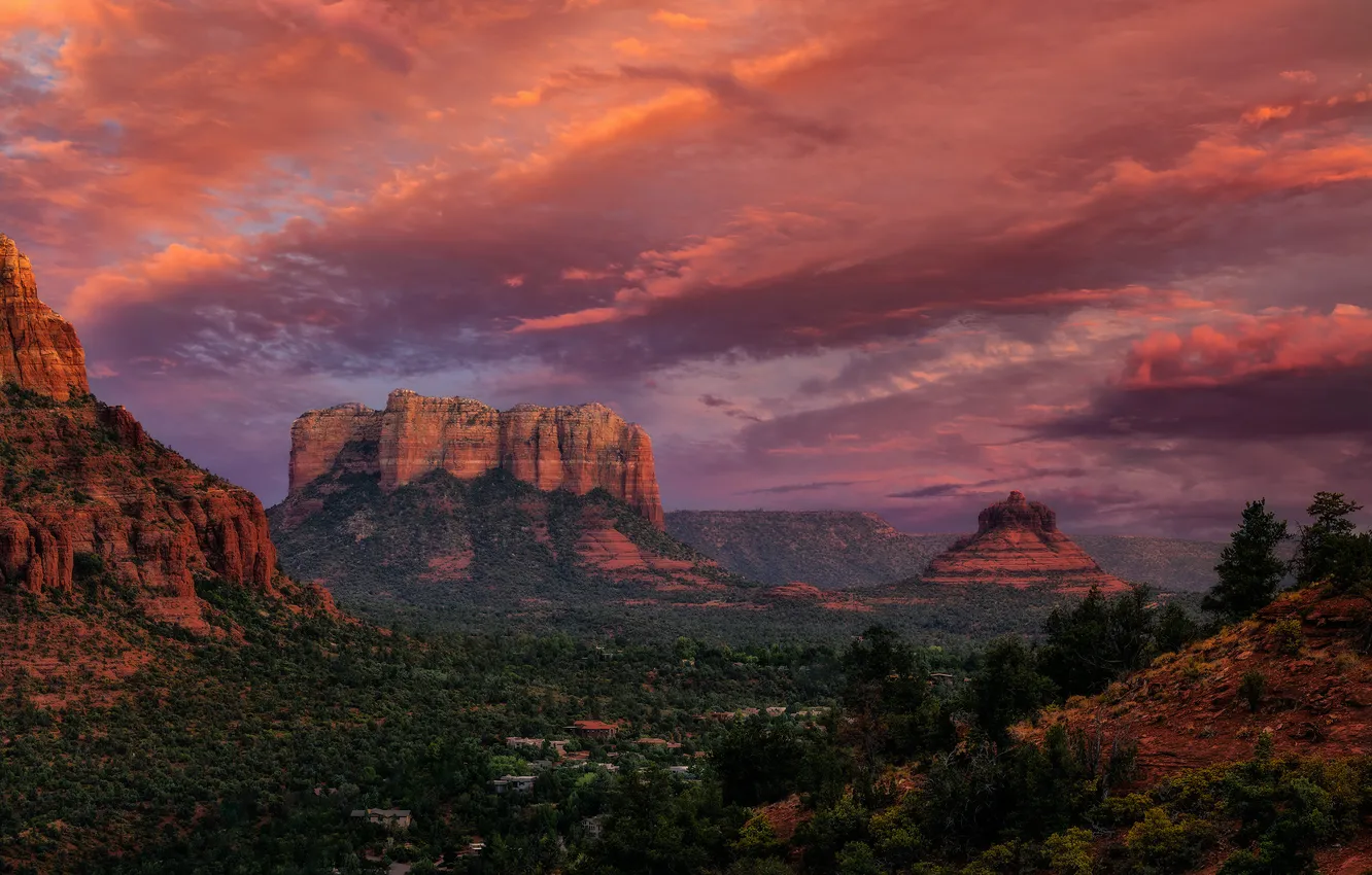 Photo wallpaper the sky, clouds, sunset, mountains, rocks, dal, canyon, haze