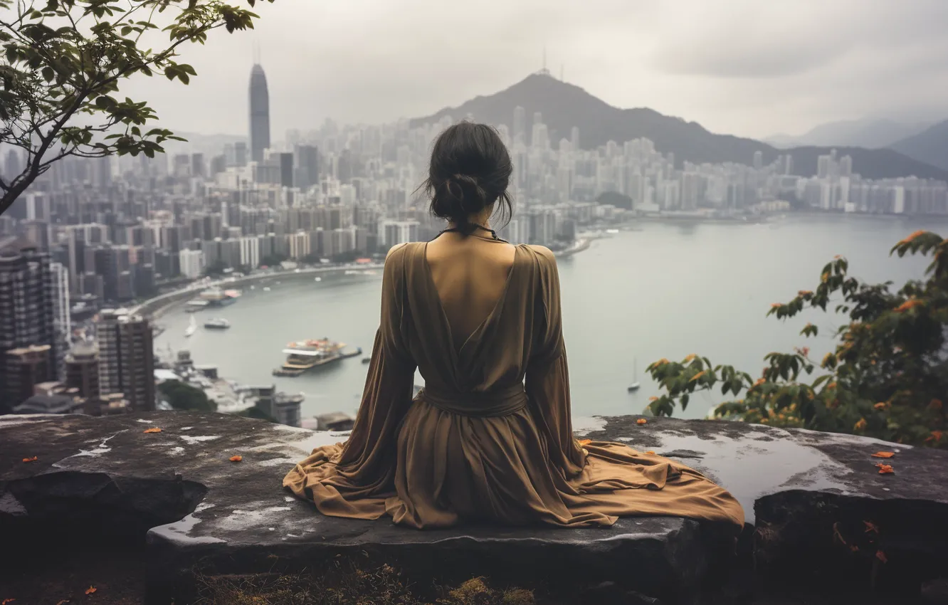 Photo wallpaper girl, mountains, branches, nature, the city, pose, fog, open