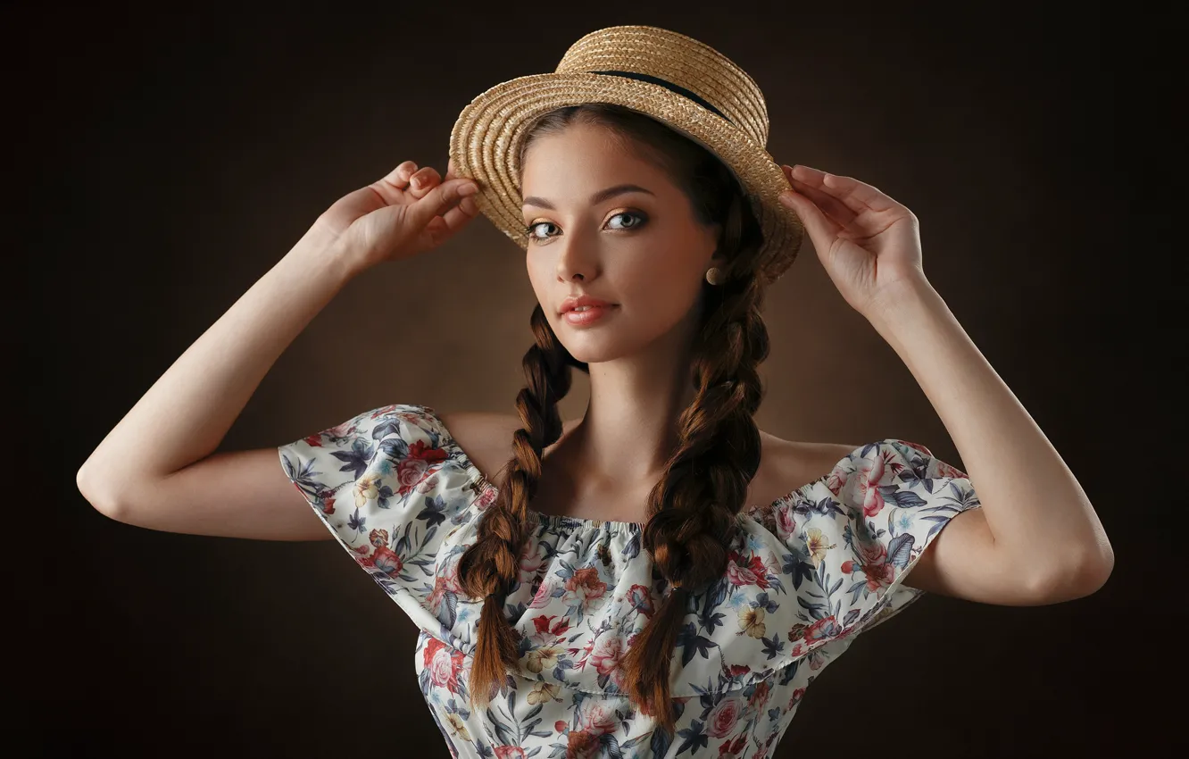 Photo wallpaper look, girl, face, pose, background, portrait, hands, braid