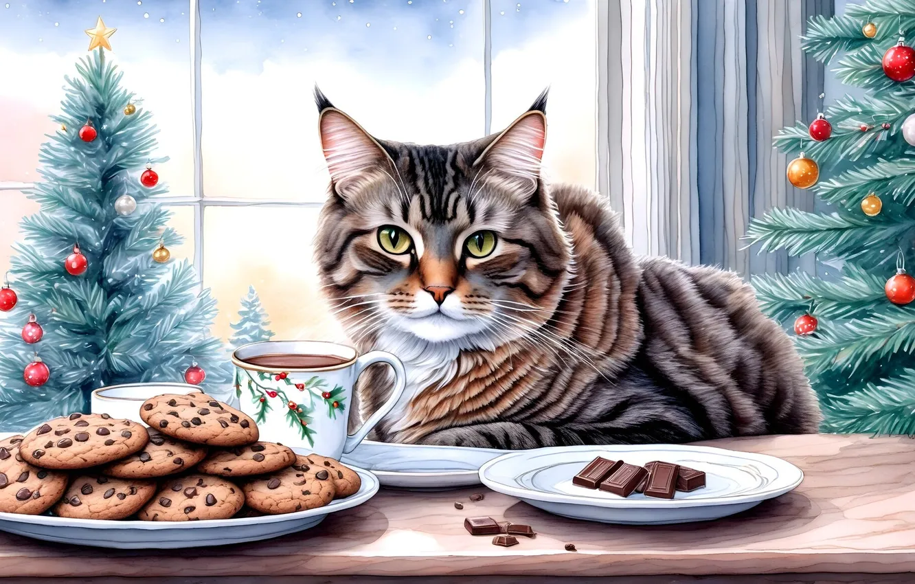 Photo wallpaper cat, cat, look, table, tree, new year, chocolate, cookies