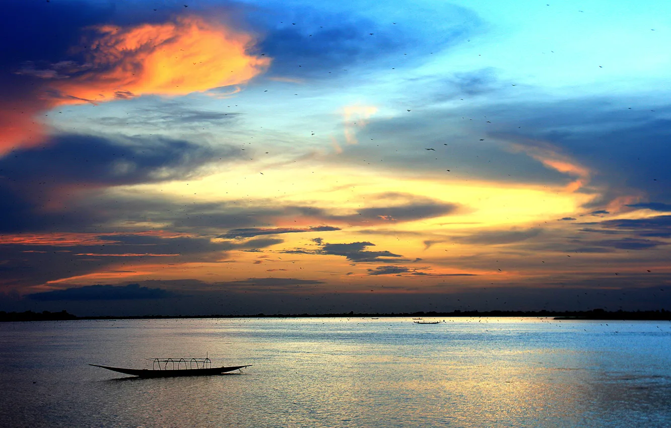 Photo wallpaper sea, the sky, clouds, boat, horizon, glow