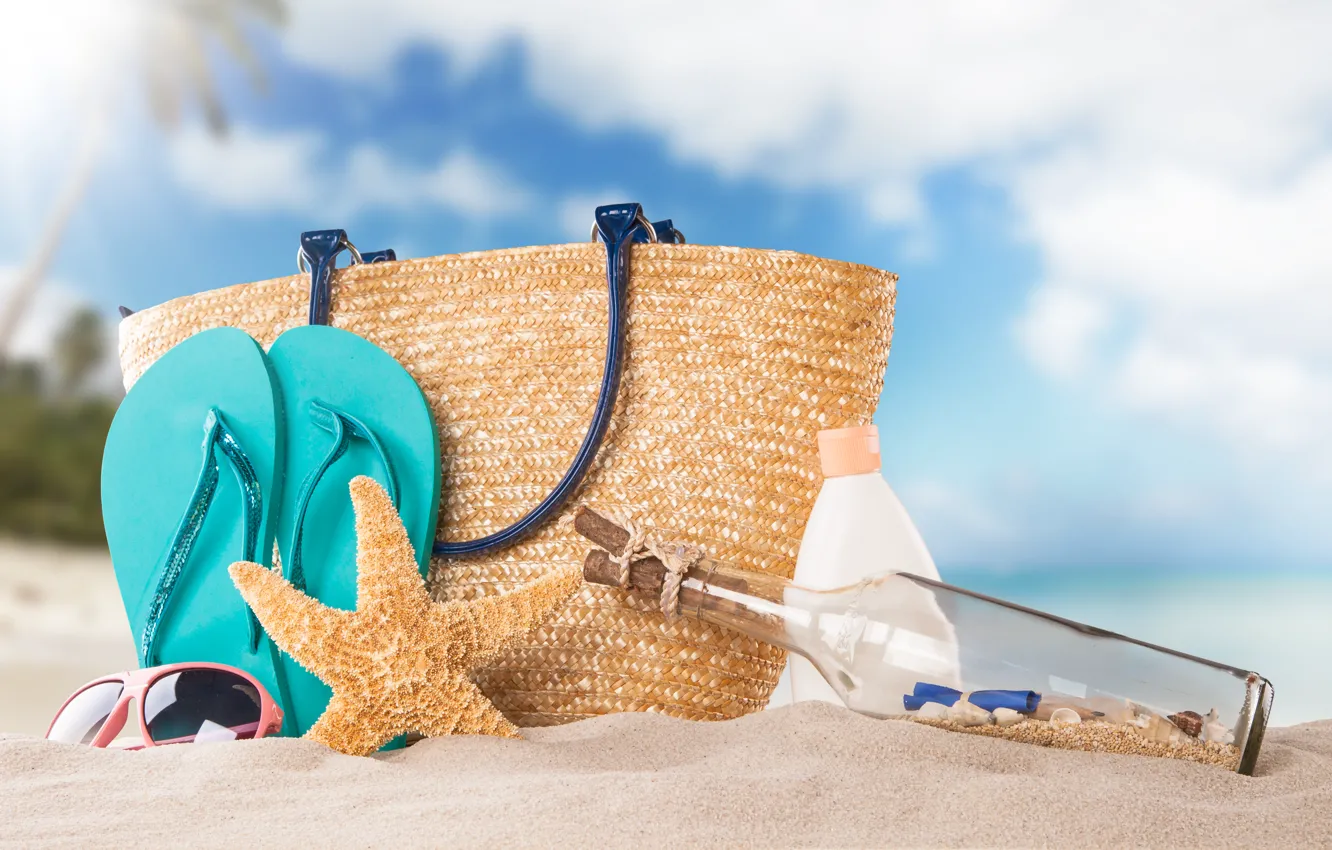 Photo wallpaper sand, beach, bottle, starfish, bag, cream, slates