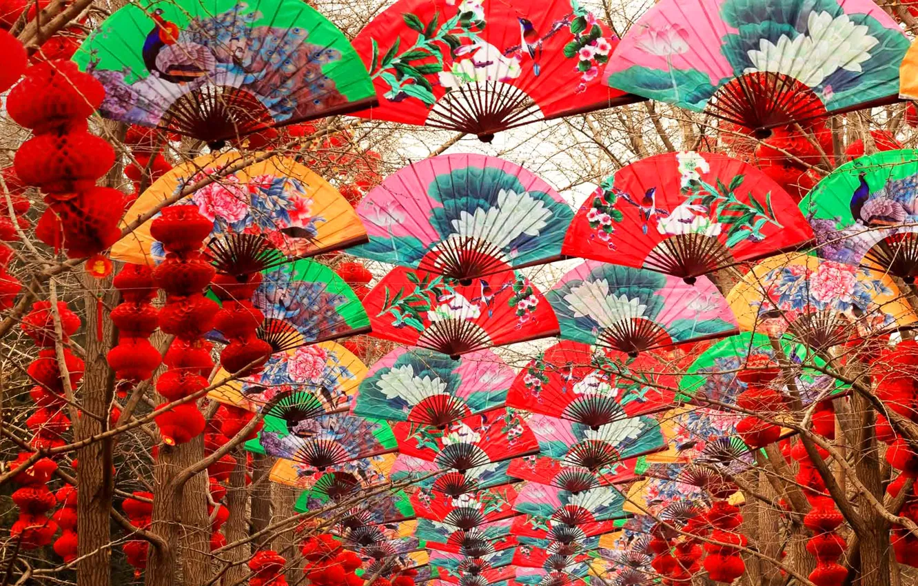 Photo wallpaper trees, fan, China, lanterns, Beijing, Temple Of Heaven, Spring festival