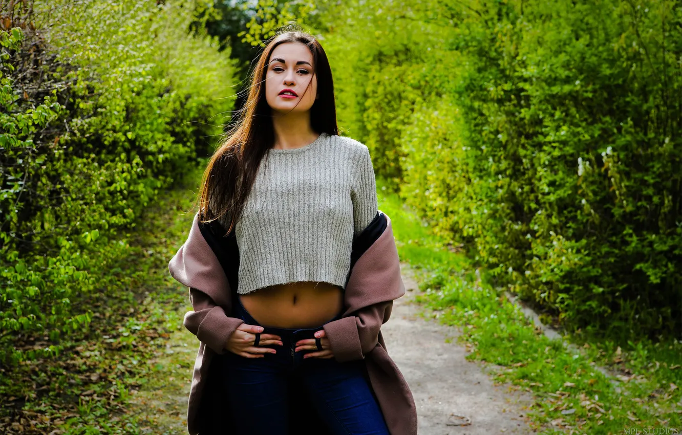 Photo wallpaper model, women, jeans, coats, women outdoors, Demi Fray, MPL Studios, bare midriff