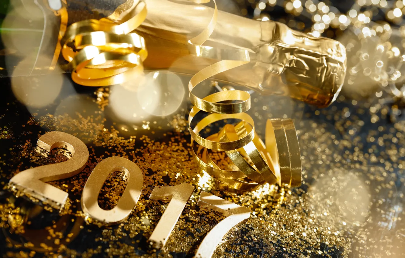 Photo wallpaper New Year, gold, new year, champagne, happy, serpentine, champagne, 2017