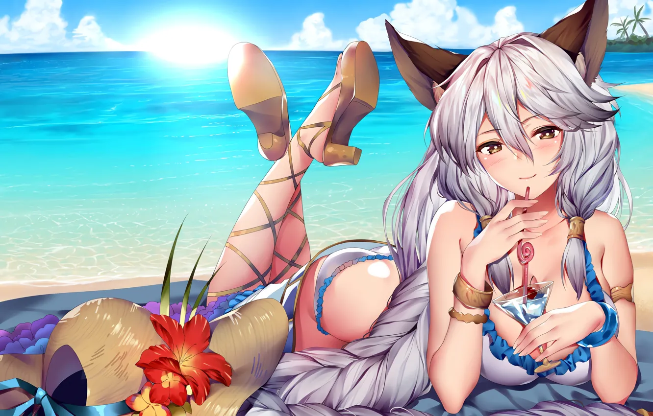 Photo wallpaper girl, sexy, cleavage, beach, long hair, legs, sea, hat