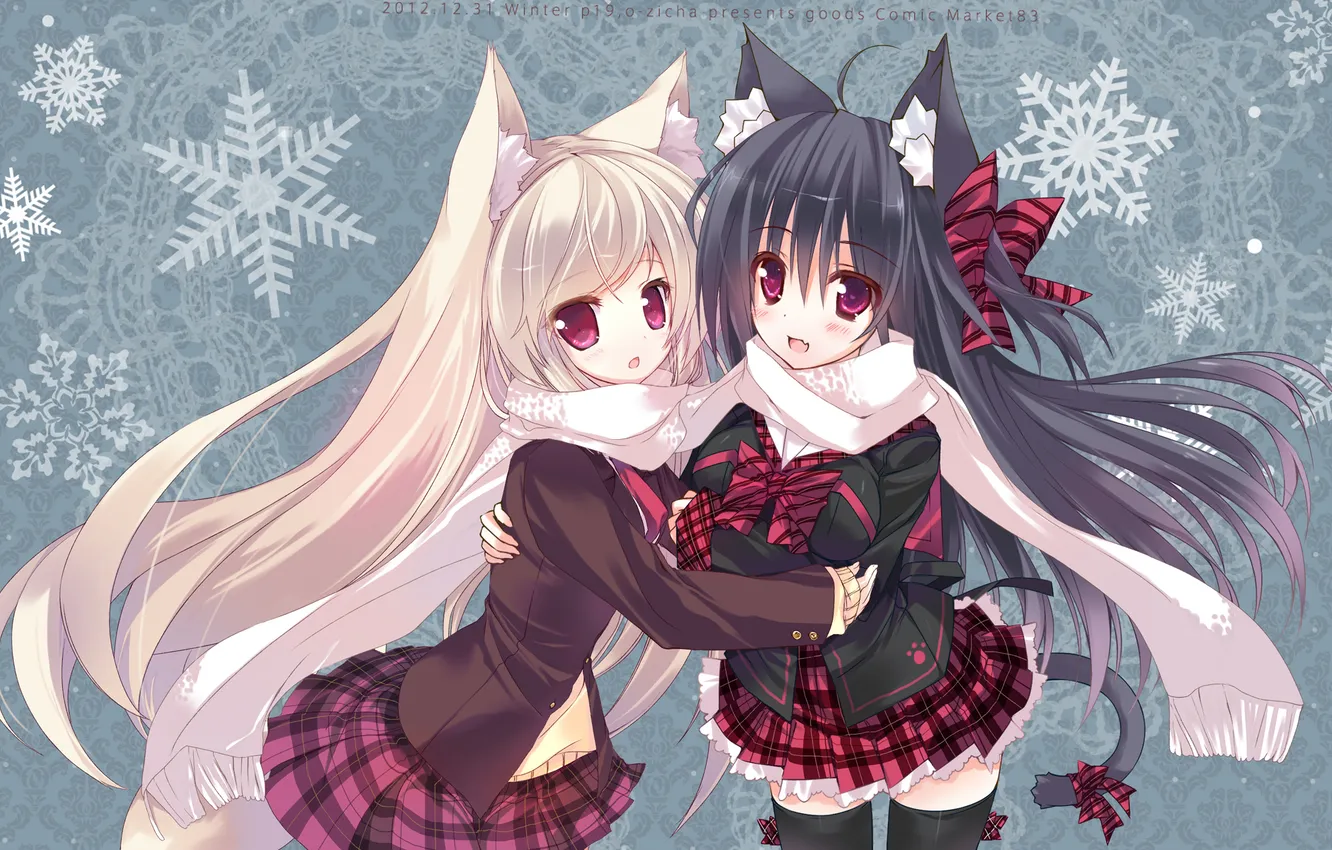 Photo wallpaper snowflakes, scarf, art, girl, ears, neko, ojitcha