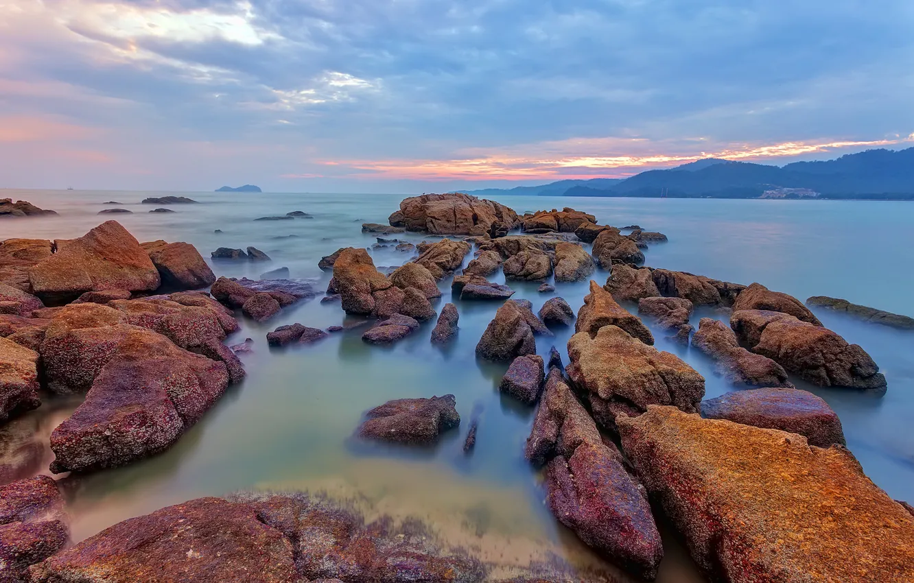 Photo wallpaper sea, the sky, clouds, stones, rocks