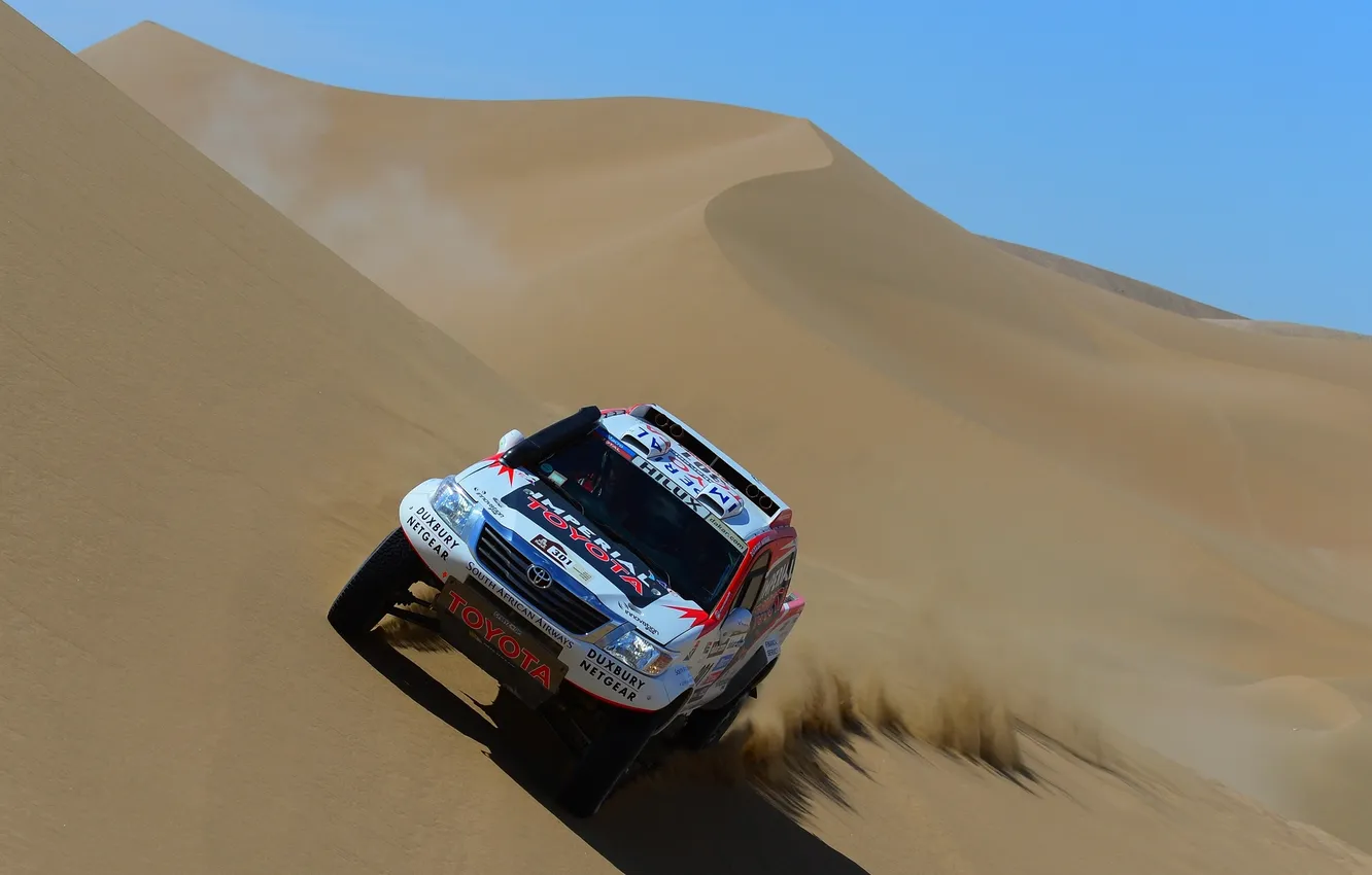 Photo wallpaper race, sport, dunes, Toyota, Hilux, the front, Toyota, Rally