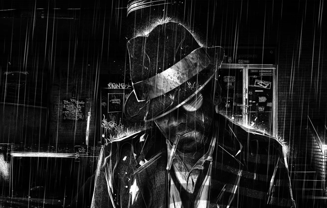Photo wallpaper rain, figure, black and white, cigarette