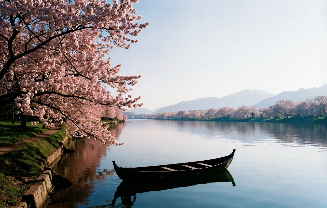 Photo wallpaper trees, Park, river, boat, spring, Sakura, flowering, river