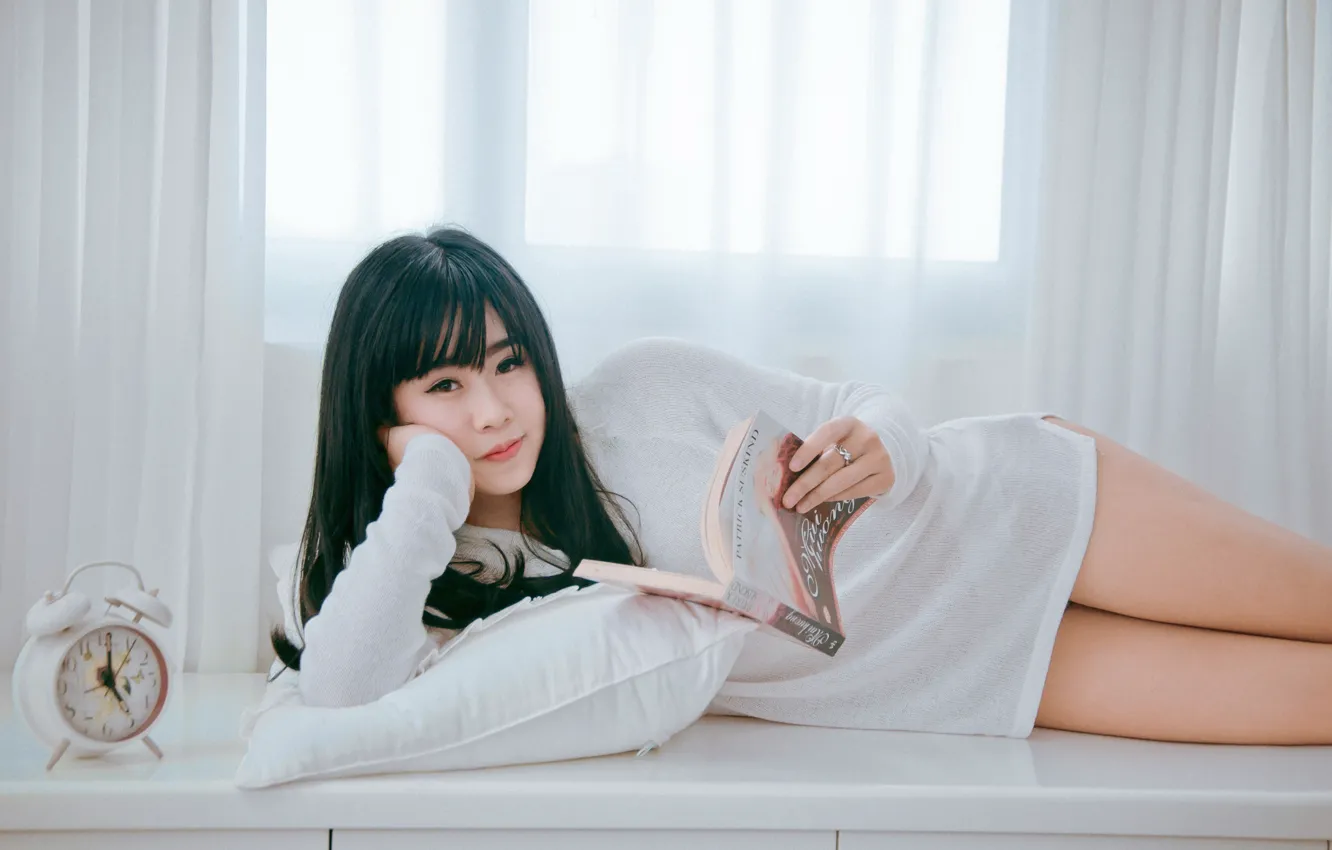 Photo wallpaper girl, alarm clock, book